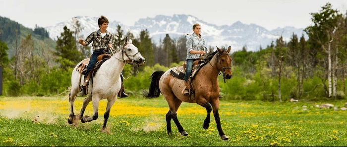 Confident plus-size woman riding Wales a horse through a field with a smile on her face.